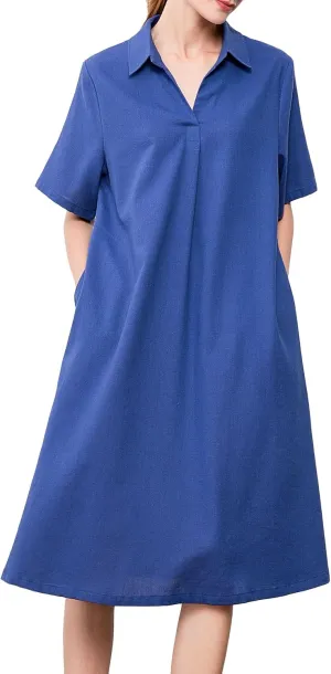 Tebreux Women's Cotton Linen Dress Plus Size V Neck Short Sleeve Casual Shirt Dresses with Pockets