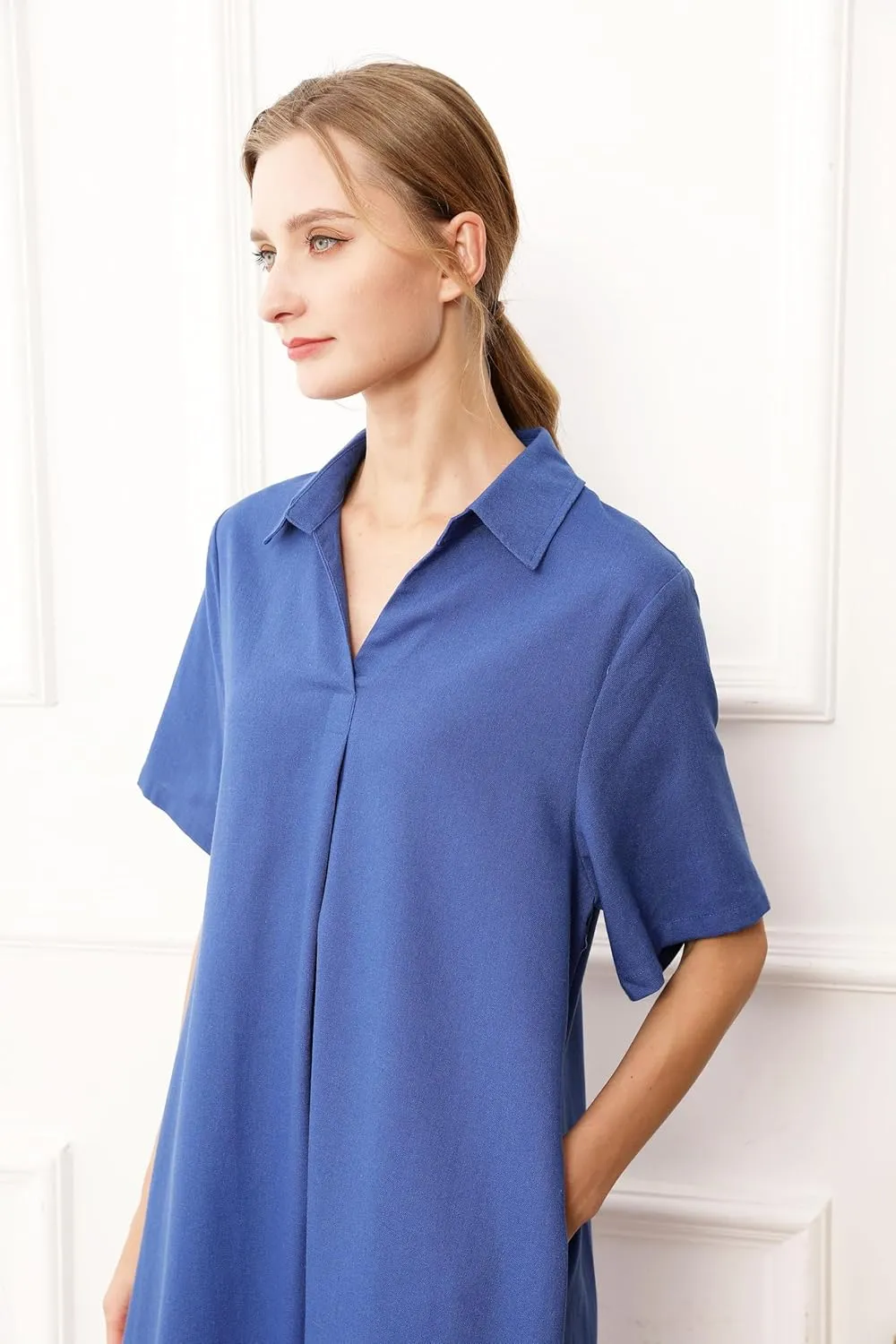 Tebreux Women's Cotton Linen Dress Plus Size V Neck Short Sleeve Casual Shirt Dresses with Pockets