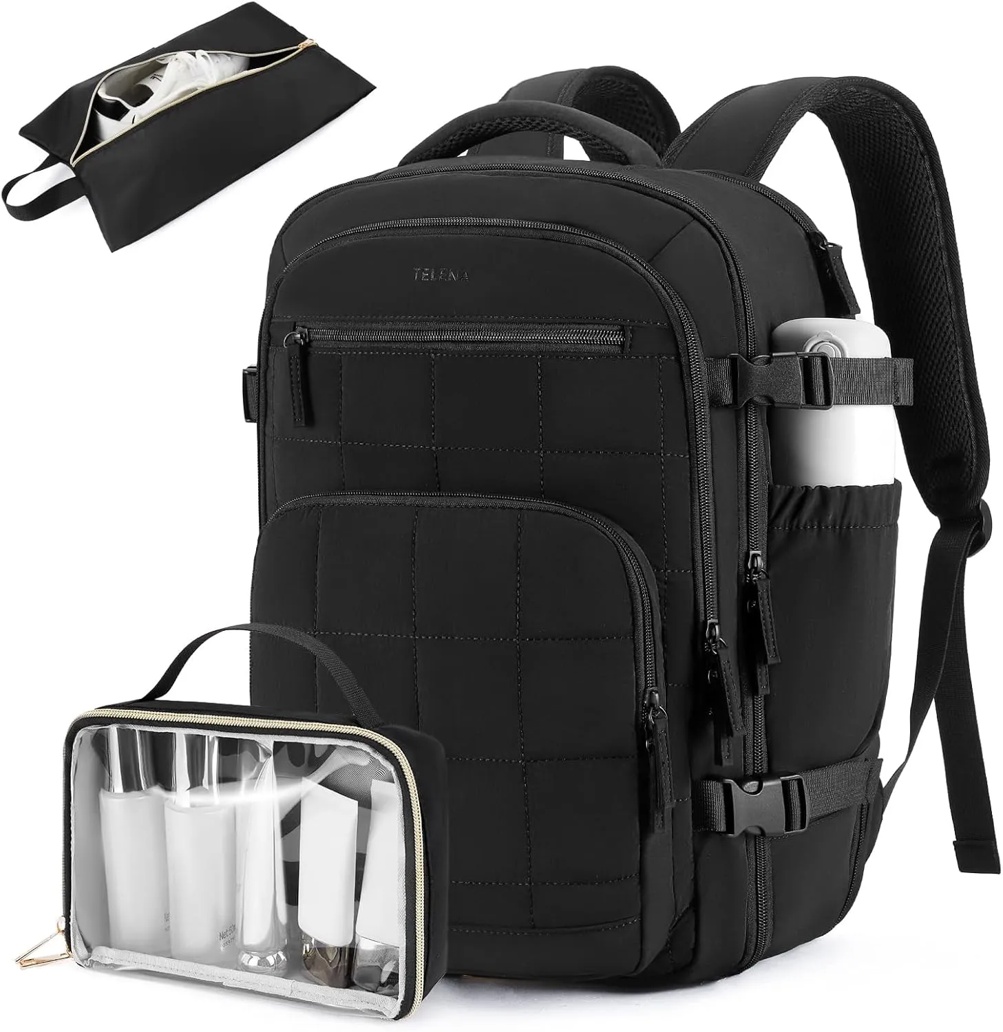 Telena Travel Backpack for Women Laptop Backpack Quilted College Bookbag Personal Item Travel Bags for Women Black
