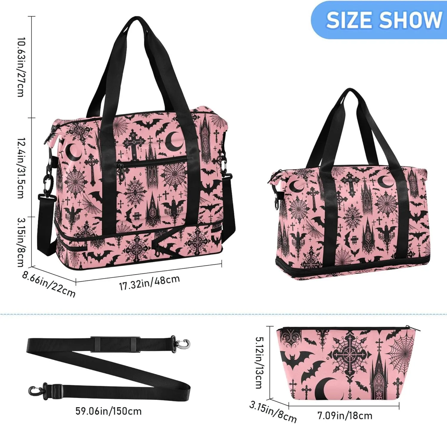Travel Duffel Tote Bag Black Gothic Moon Spider Webs and Bats Sports Duffel Bag with Wet Pocket Weekender Overnight Bag for Women Men Gym Bag, Carry On Bag Hospital Bag for Labor and Delivery