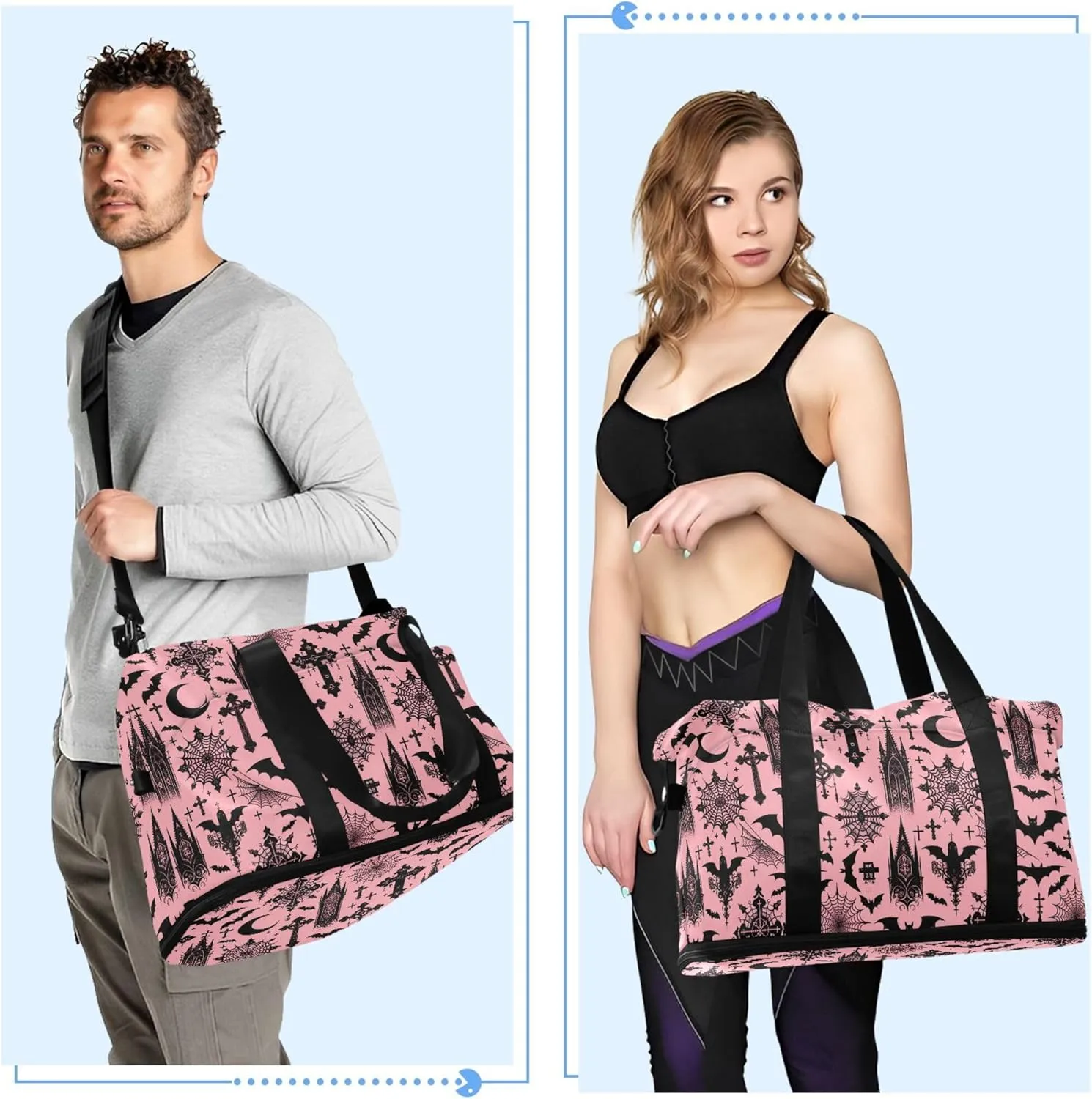 Travel Duffel Tote Bag Black Gothic Moon Spider Webs and Bats Sports Duffel Bag with Wet Pocket Weekender Overnight Bag for Women Men Gym Bag, Carry On Bag Hospital Bag for Labor and Delivery