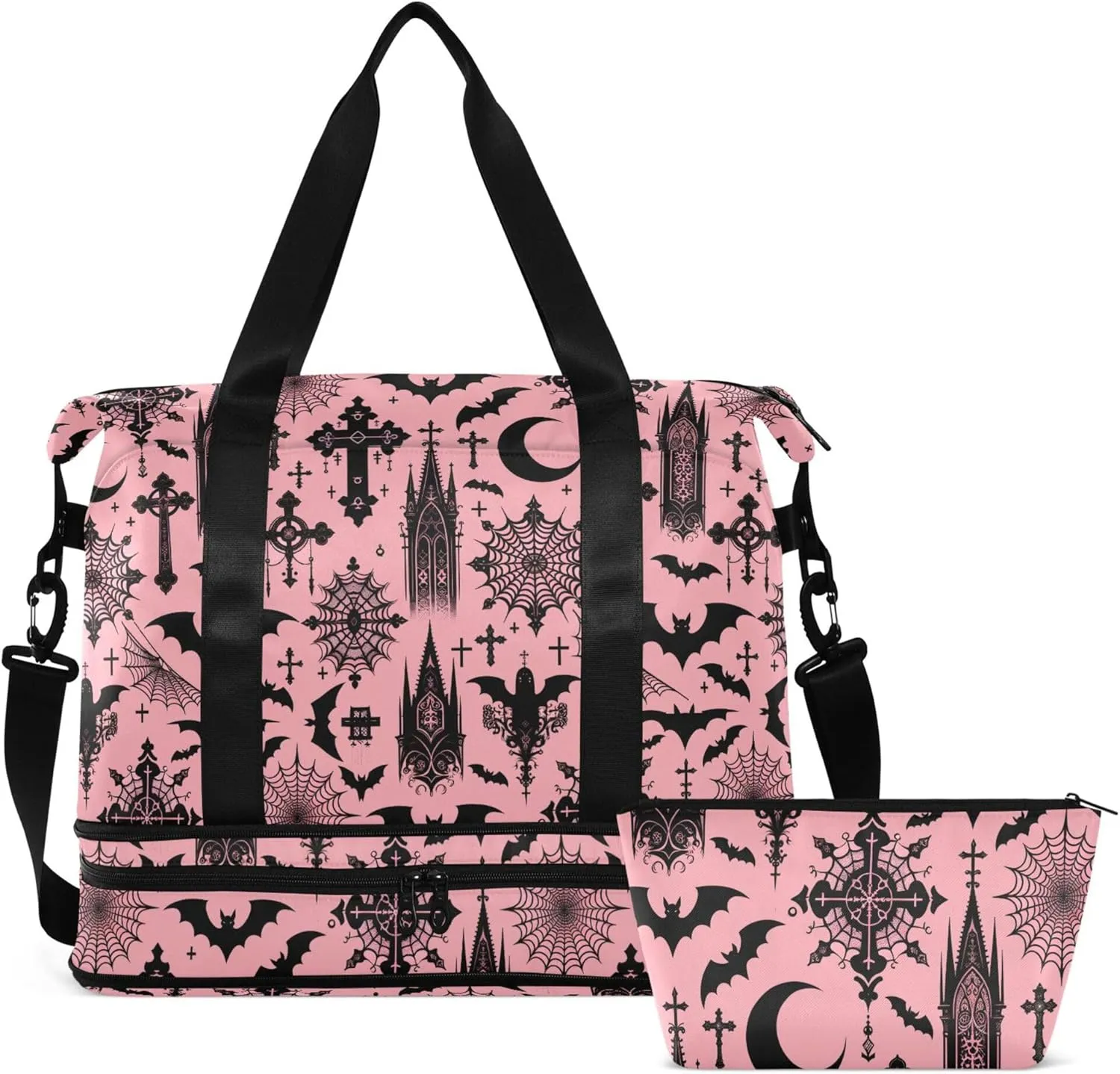 Travel Duffel Tote Bag Black Gothic Moon Spider Webs and Bats Sports Duffel Bag with Wet Pocket Weekender Overnight Bag for Women Men Gym Bag, Carry On Bag Hospital Bag for Labor and Delivery