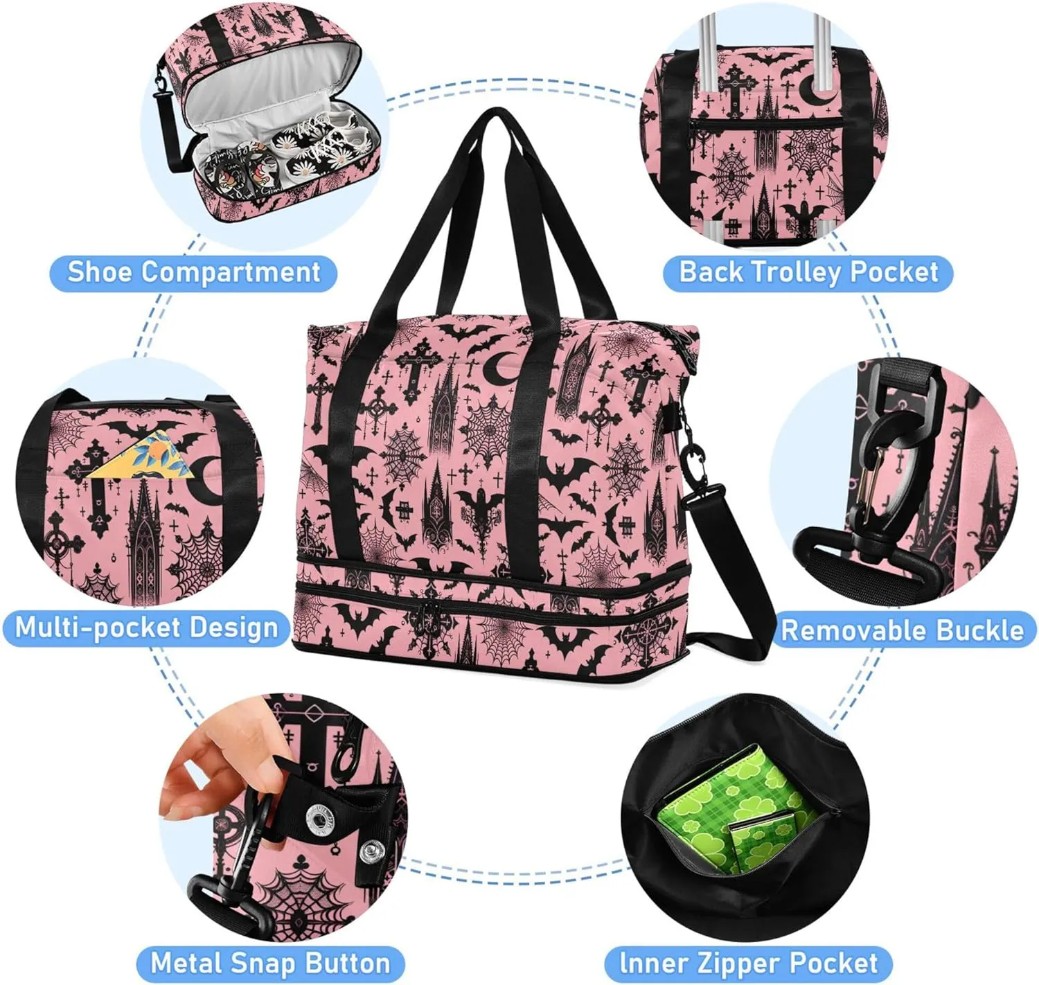 Travel Duffel Tote Bag Black Gothic Moon Spider Webs and Bats Sports Duffel Bag with Wet Pocket Weekender Overnight Bag for Women Men Gym Bag, Carry On Bag Hospital Bag for Labor and Delivery