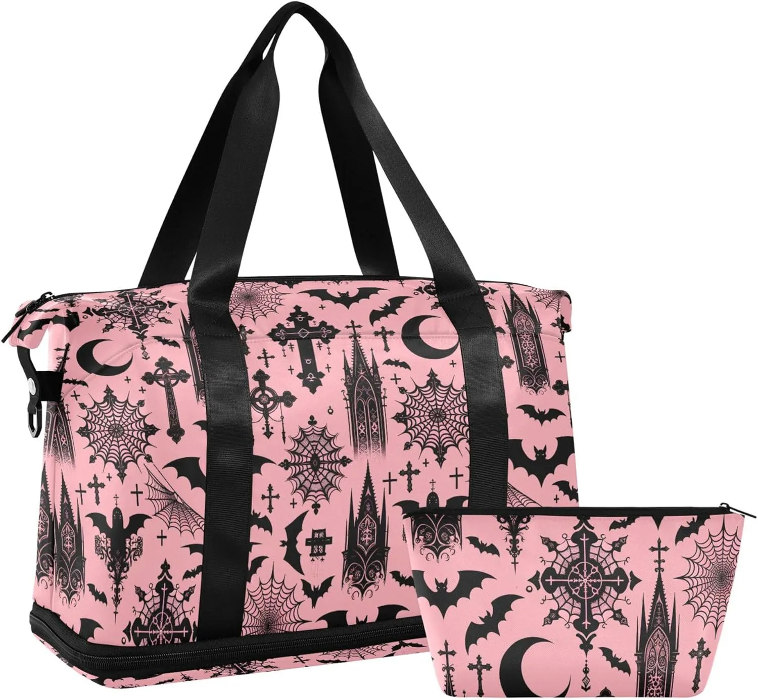 Travel Duffel Tote Bag Black Gothic Moon Spider Webs and Bats Sports Duffel Bag with Wet Pocket Weekender Overnight Bag for Women Men Gym Bag, Carry On Bag Hospital Bag for Labor and Delivery