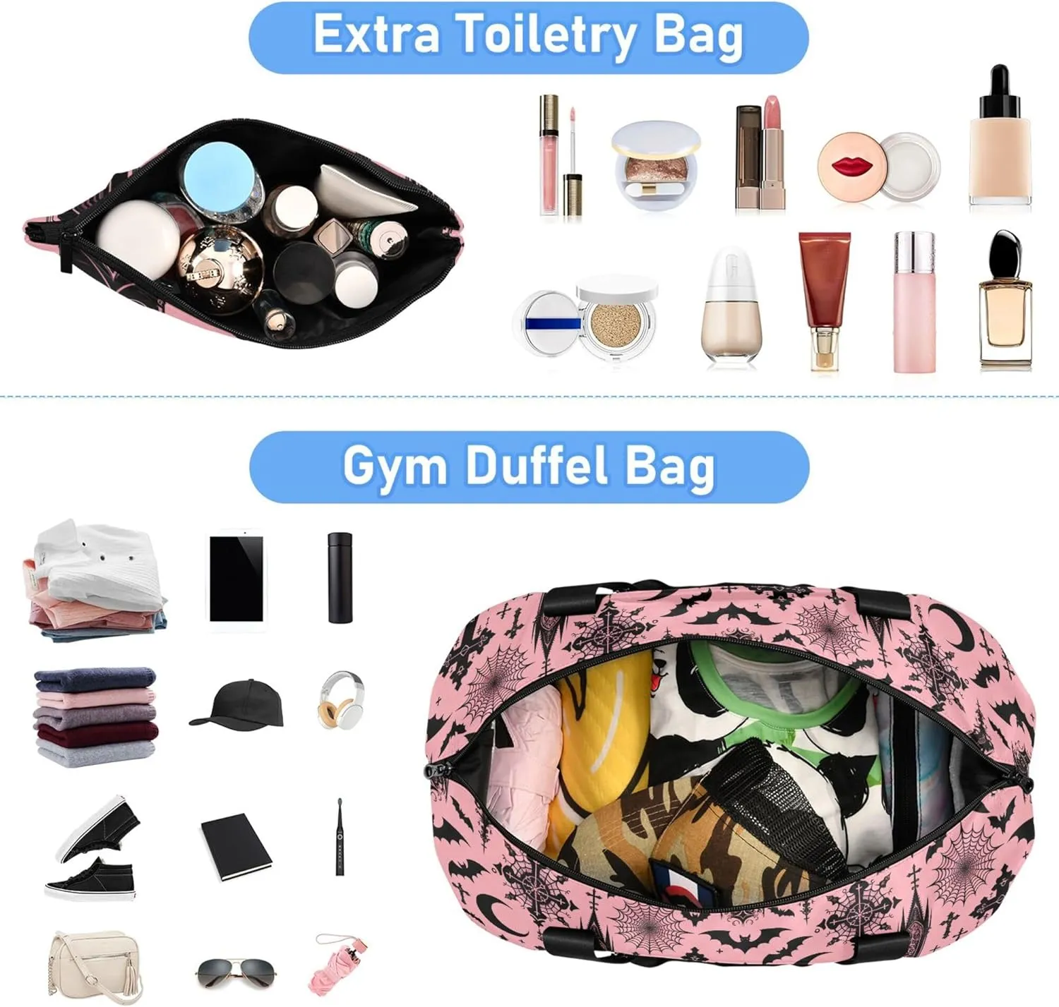 Travel Duffel Tote Bag Black Gothic Moon Spider Webs and Bats Sports Duffel Bag with Wet Pocket Weekender Overnight Bag for Women Men Gym Bag, Carry On Bag Hospital Bag for Labor and Delivery