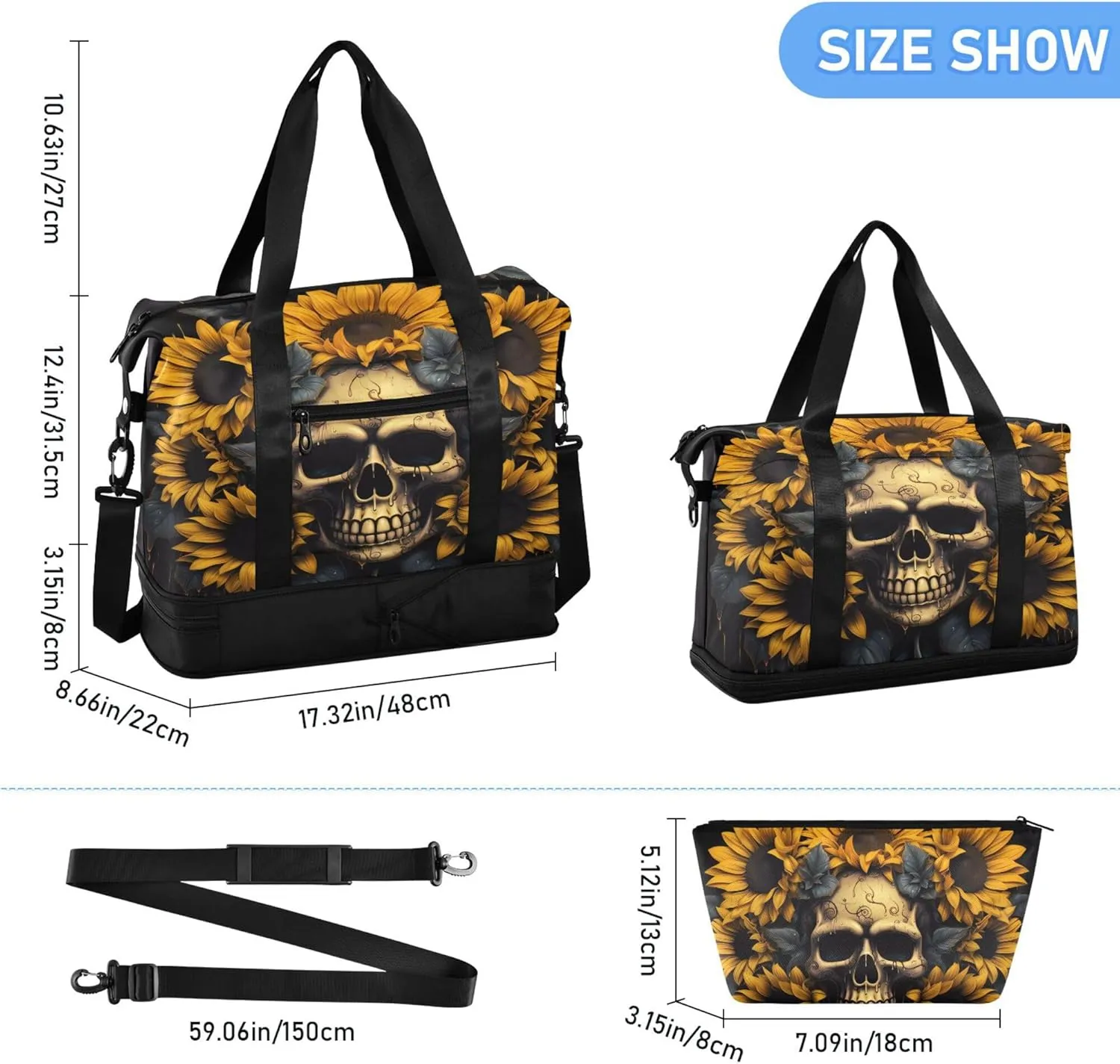 Travel Duffel Tote Bag Skull and Sunflower Sports Duffel Bag with Wet Pocket Weekender Overnight Bag for Women Men Gym Bag, Carry On Bag Hospital Bag for Labor and Delivery