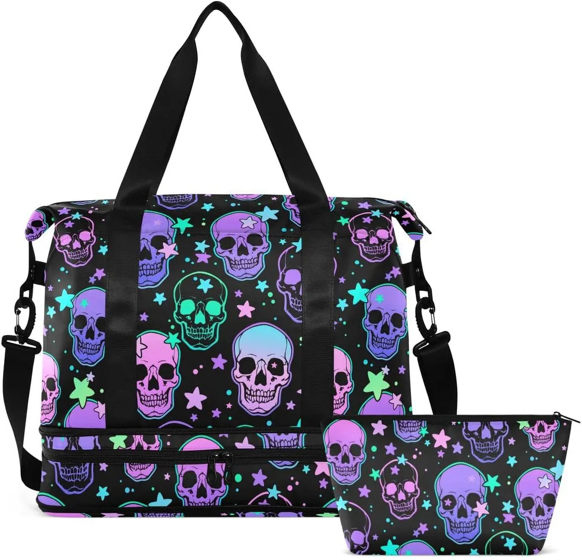 Travel Duffel Tote Bag Stars Purple Skulls Sports Duffel Bag with Wet Pocket Weekender Overnight Bag for Women Men Gym Bag, Carry On Bag Hospital Bag for Labor and Delivery