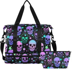 Travel Duffel Tote Bag Stars Purple Skulls Sports Duffel Bag with Wet Pocket Weekender Overnight Bag for Women Men Gym Bag, Carry On Bag Hospital Bag for Labor and Delivery