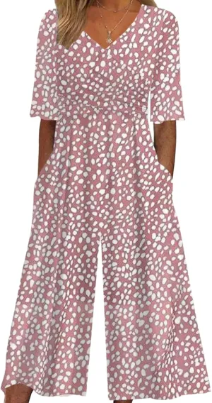 Trendy Jumpsuits for Women 2025 Summer Casual Short Sleeve Wrap V Neck Wide Leg Pants with Pockets Vacation Outfits
