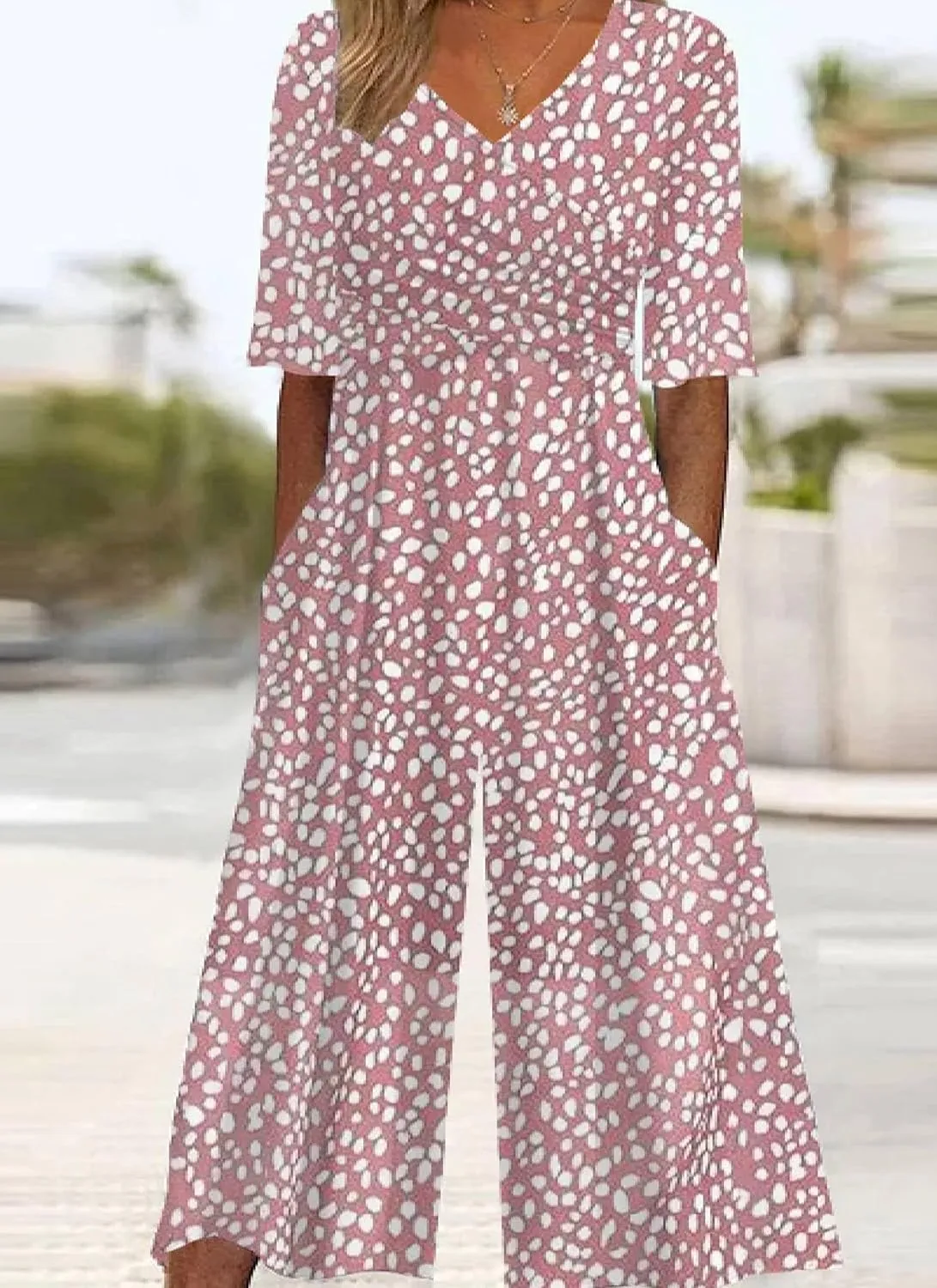 Trendy Jumpsuits for Women 2025 Summer Casual Short Sleeve Wrap V Neck Wide Leg Pants with Pockets Vacation Outfits