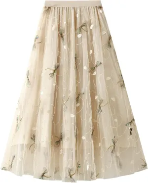 Tulle Skirts for Women High Waist Layered Floral Print Embroidery Mesh A-Line Skirt Party Dress