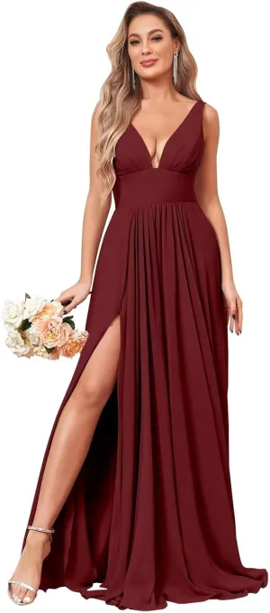 V Neck Long Bridesmaid Dresses for Wedding A Line Pleated Chiffon Formal Evening Dresses with Slit