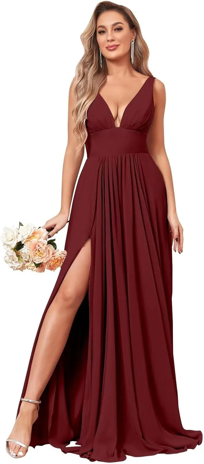 V Neck Long Bridesmaid Dresses for Wedding A Line Pleated Chiffon Formal Evening Dresses with Slit