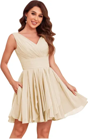 V Neck Short Bridesmaid Dresses for Wedding A Line Pleats Chiffon Formal Party Dress with Pockets
