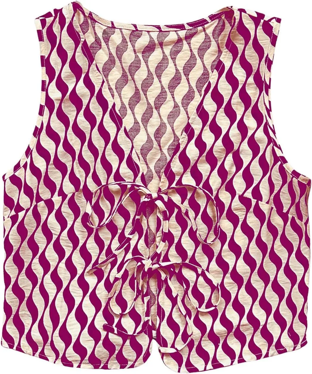 Verdusa Women's Bow Tie Knot Front V Neck Wave Print Sleeveless Crop Top Boho Vest