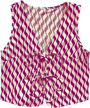 Verdusa Women's Bow Tie Knot Front V Neck Wave Print Sleeveless Crop Top Boho Vest