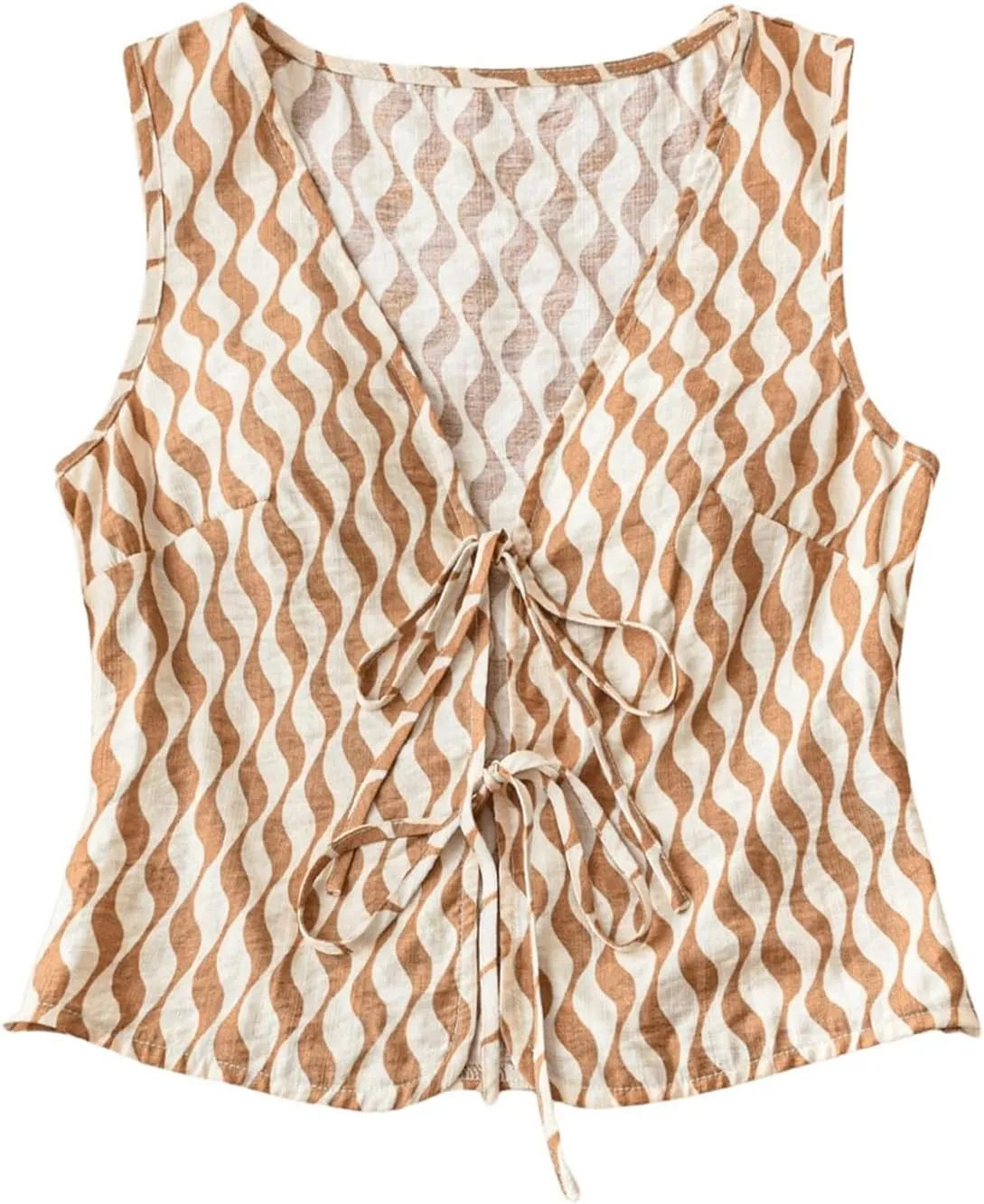 Verdusa Women's Bow Tie Knot Front V Neck Wave Print Sleeveless Crop Top Boho Vest