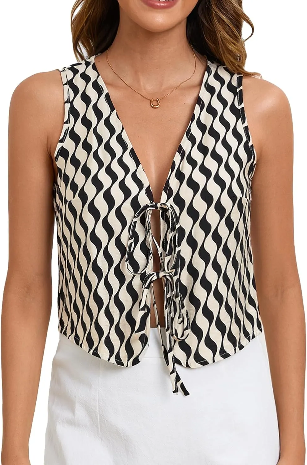 Verdusa Women's Bow Tie Knot Front V Neck Wave Print Sleeveless Crop Top Boho Vest