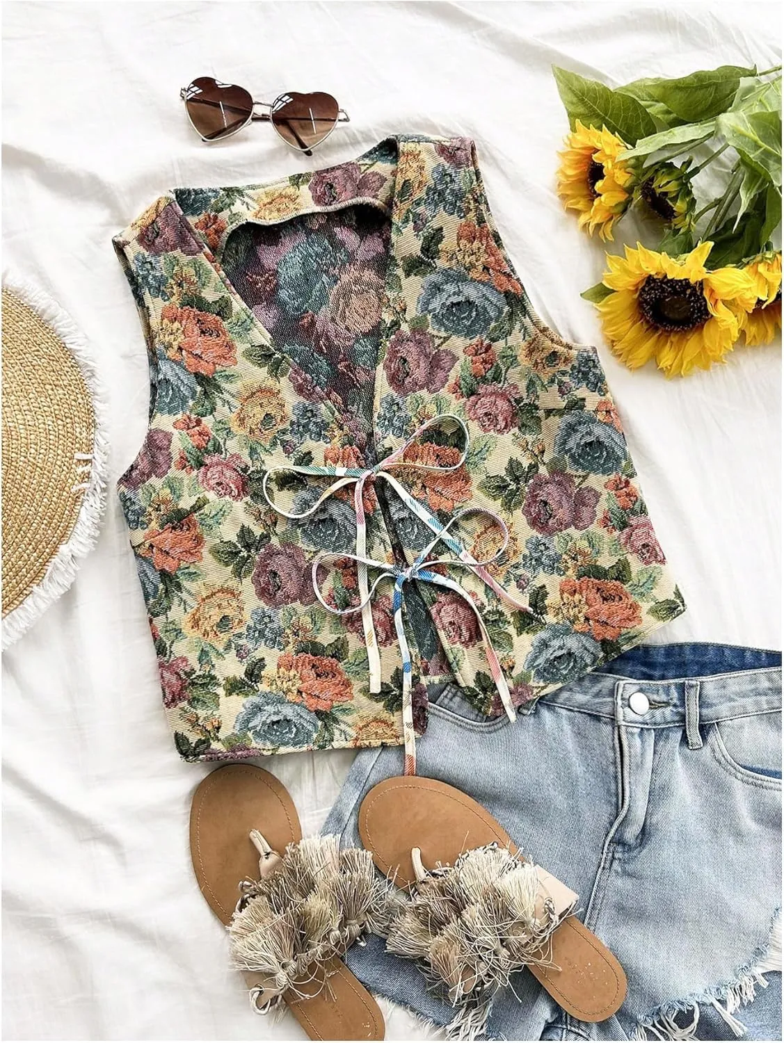 Verdusa Women's Bow Tie Knot Front V Neck Wave Print Sleeveless Crop Top Boho Vest