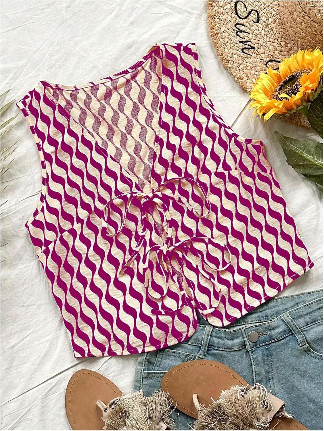 Verdusa Women's Bow Tie Knot Front V Neck Wave Print Sleeveless Crop Top Boho Vest