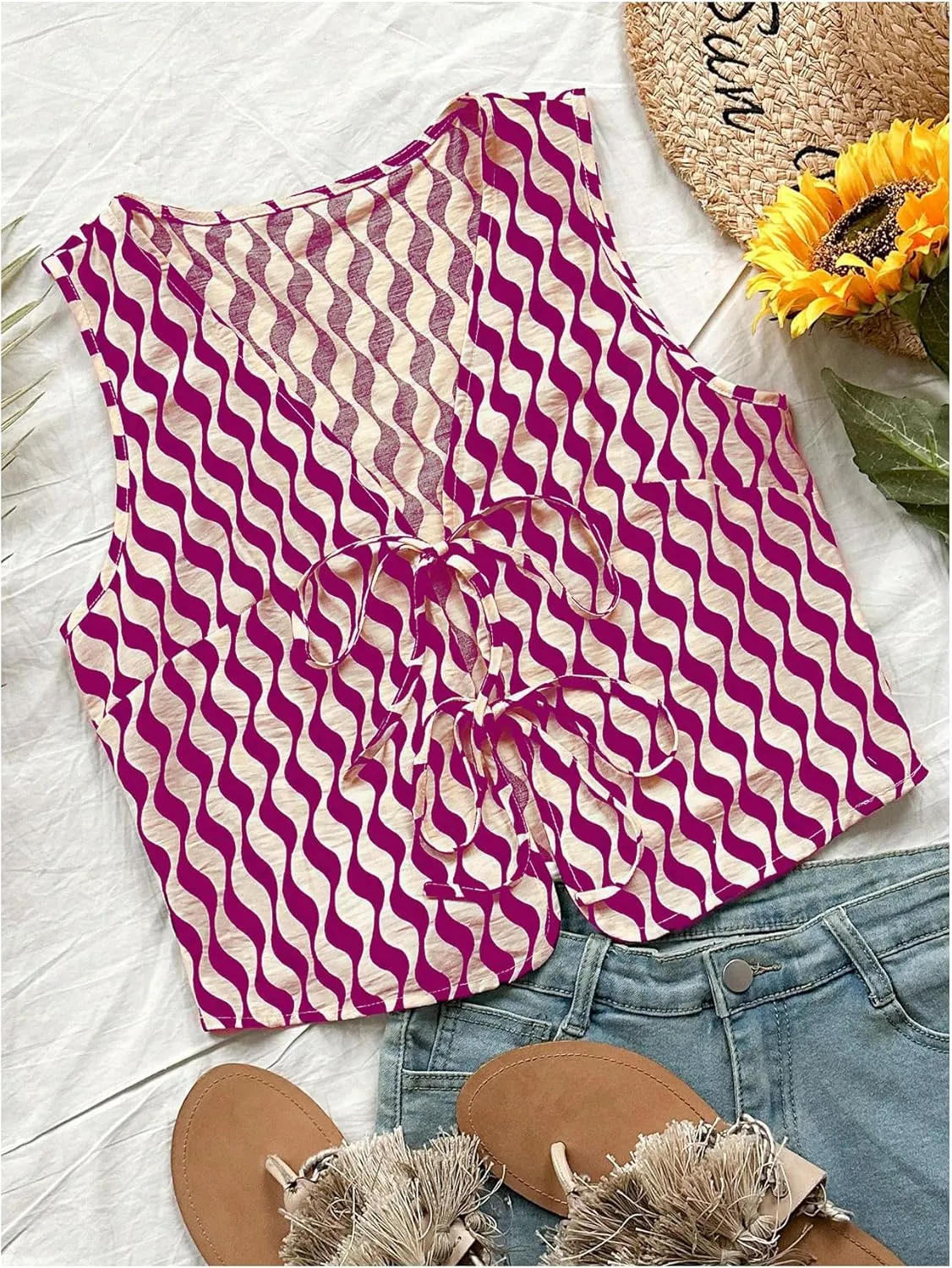 Verdusa Women's Bow Tie Knot Front V Neck Wave Print Sleeveless Crop Top Boho Vest