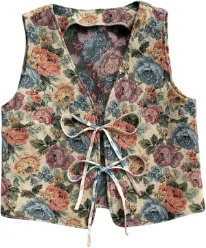 Verdusa Women's Bow Tie Knot Front V Neck Wave Print Sleeveless Crop Top Boho Vest