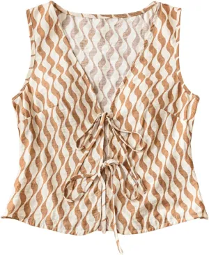 Verdusa Women's Bow Tie Knot Front V Neck Wave Print Sleeveless Crop Top Boho Vest