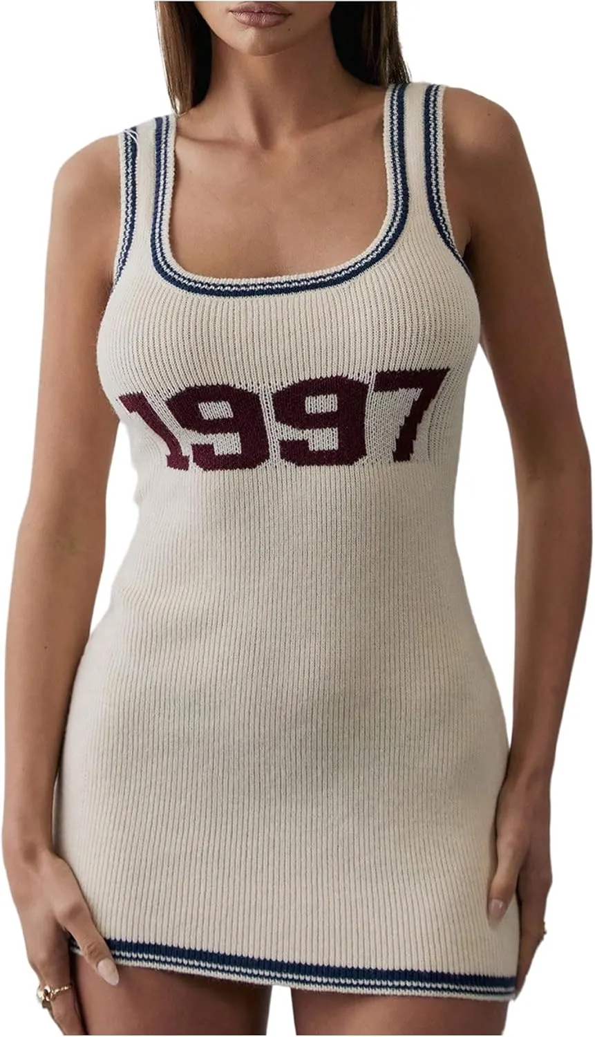 Verdusa Women's Number Print Knit Tank Dress Y2k Square Neck Sleeveless Bodycon Mini Dresses