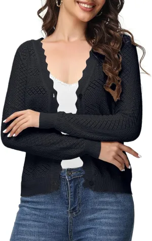 VibeVista Womens Cropped Cardigan Long Sleeve Button Down V Neck Sweater Open Front Lightweight Shrug for Dresses Tops