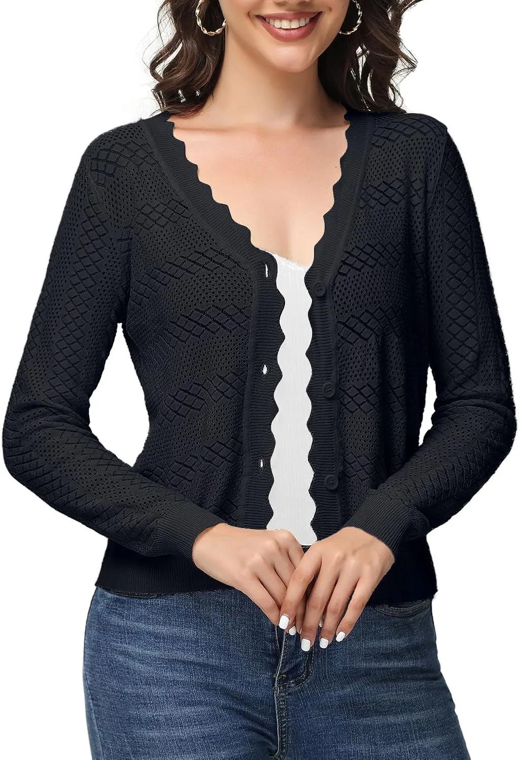 VibeVista Womens Cropped Cardigan Long Sleeve Button Down V Neck Sweater Open Front Lightweight Shrug for Dresses Tops