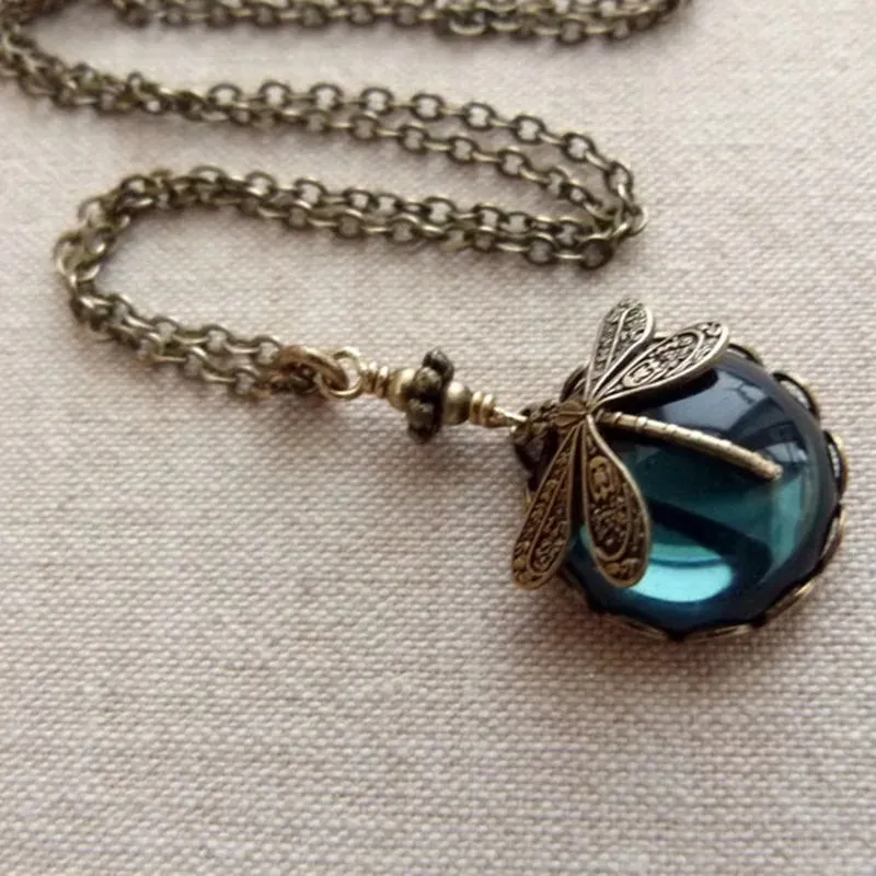 Vintage Dragonfly Moonstone Charm Rope Choker Necklace