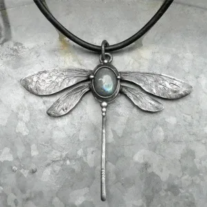 Vintage Dragonfly Moonstone Charm Rope Choker Necklace