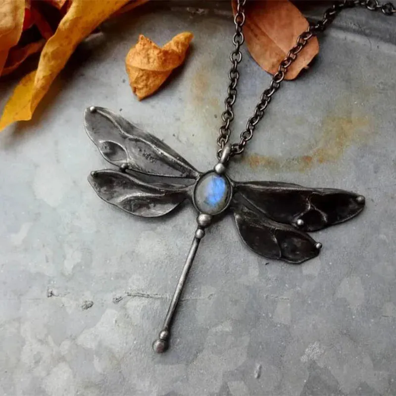 Vintage Dragonfly Moonstone Charm Rope Choker Necklace
