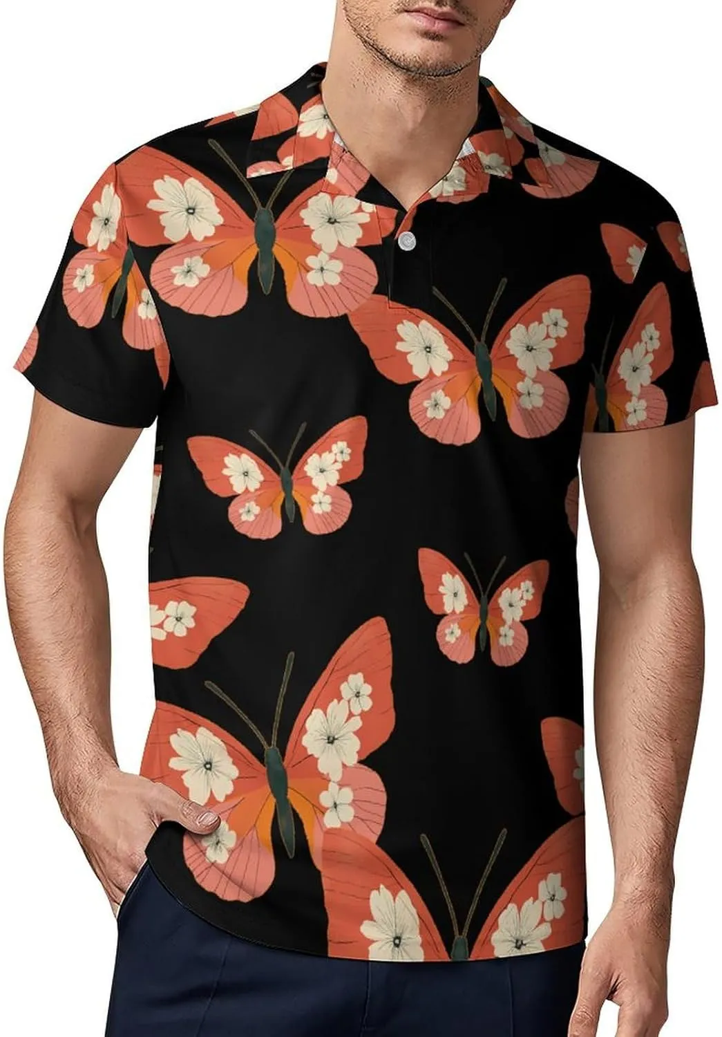 Vintage Japanese Flowers Butterfly Men's Polo-Shirt Regular-Fit Short Sleeve Sports Quick Dry Golf Tennis T-Shirt