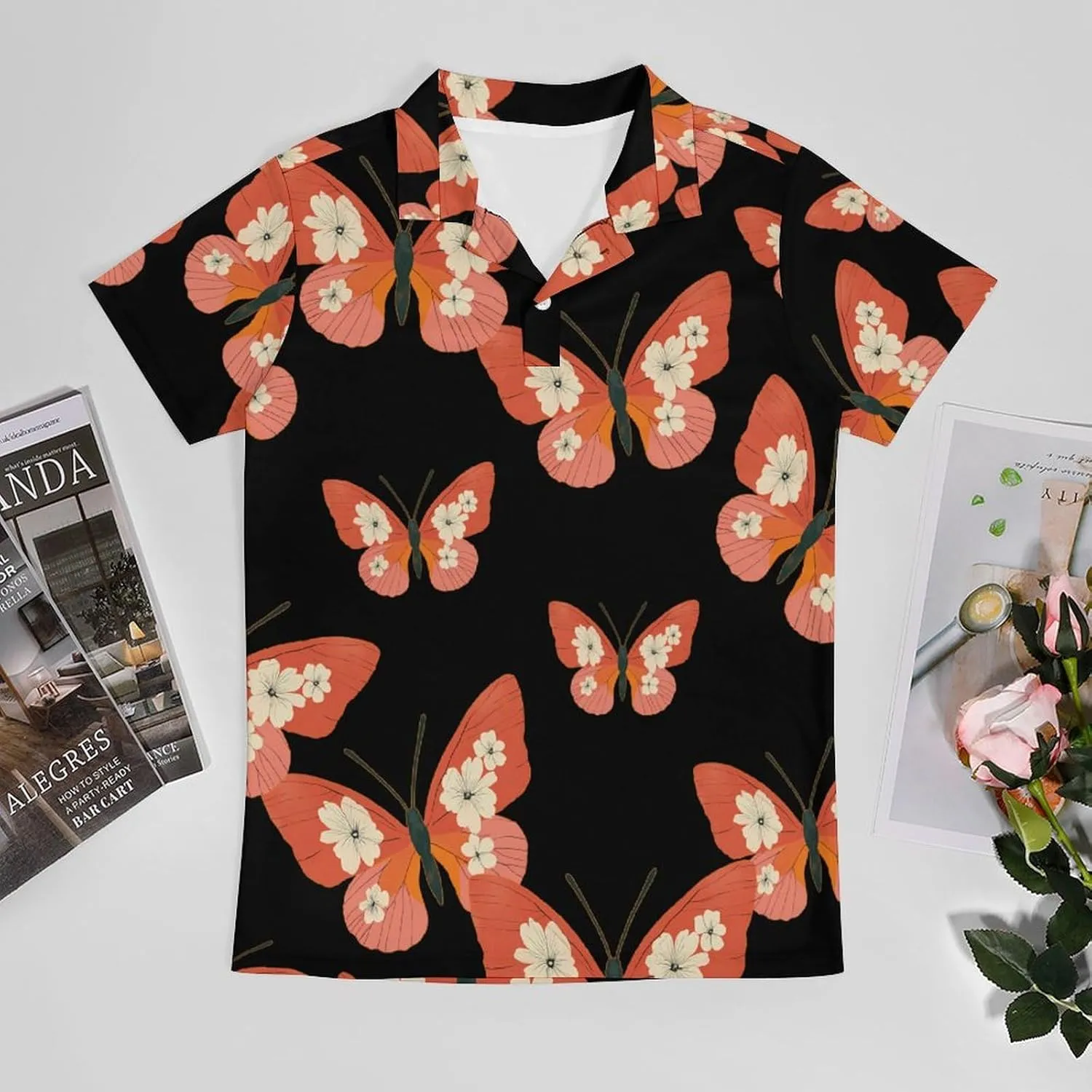 Vintage Japanese Flowers Butterfly Men's Polo-Shirt Regular-Fit Short Sleeve Sports Quick Dry Golf Tennis T-Shirt