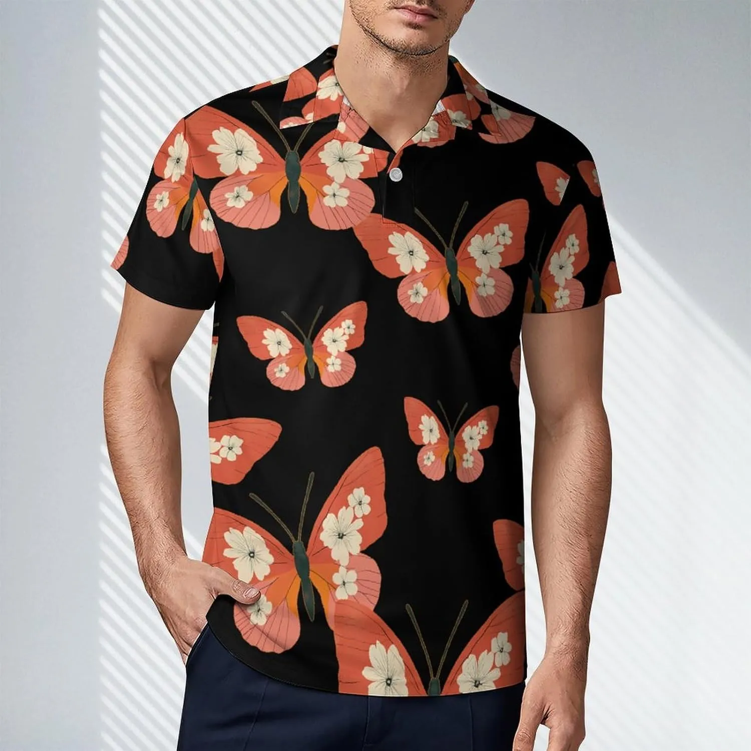 Vintage Japanese Flowers Butterfly Men's Polo-Shirt Regular-Fit Short Sleeve Sports Quick Dry Golf Tennis T-Shirt