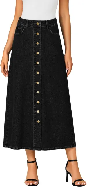 Vrtige Women's Casual Button Down High Waisted A Line Jean Midi Long Denim Skirt with Pockets
