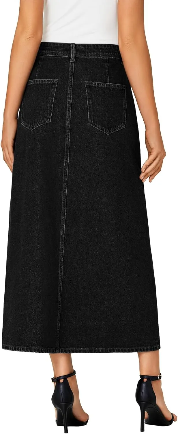 Vrtige Women's Casual Button Down High Waisted A Line Jean Midi Long Denim Skirt with Pockets