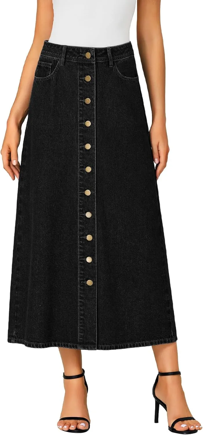 Vrtige Women's Casual Button Down High Waisted A Line Jean Midi Long Denim Skirt with Pockets