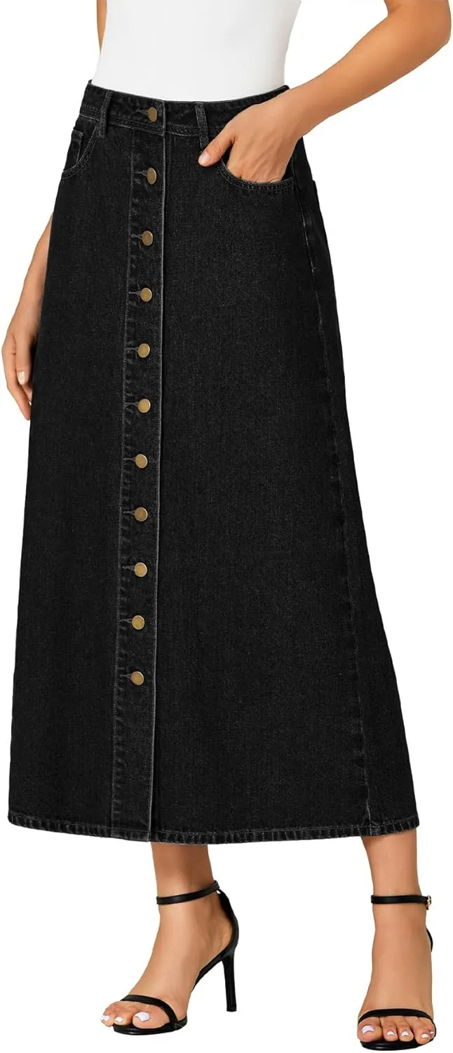 Vrtige Women's Casual Button Down High Waisted A Line Jean Midi Long Denim Skirt with Pockets