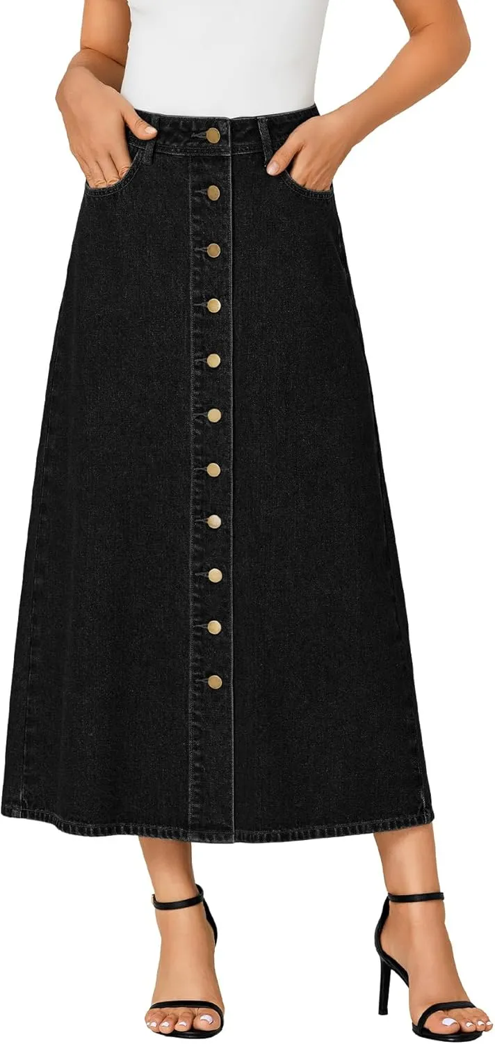 Vrtige Women's Casual Button Down High Waisted A Line Jean Midi Long Denim Skirt with Pockets
