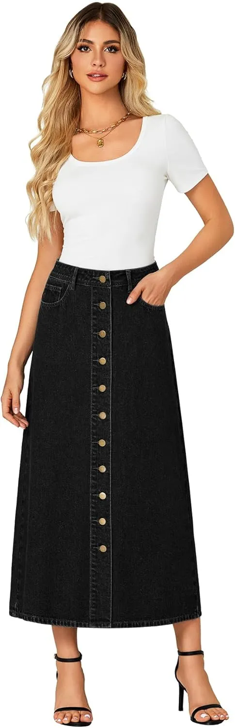 Vrtige Women's Casual Button Down High Waisted A Line Jean Midi Long Denim Skirt with Pockets