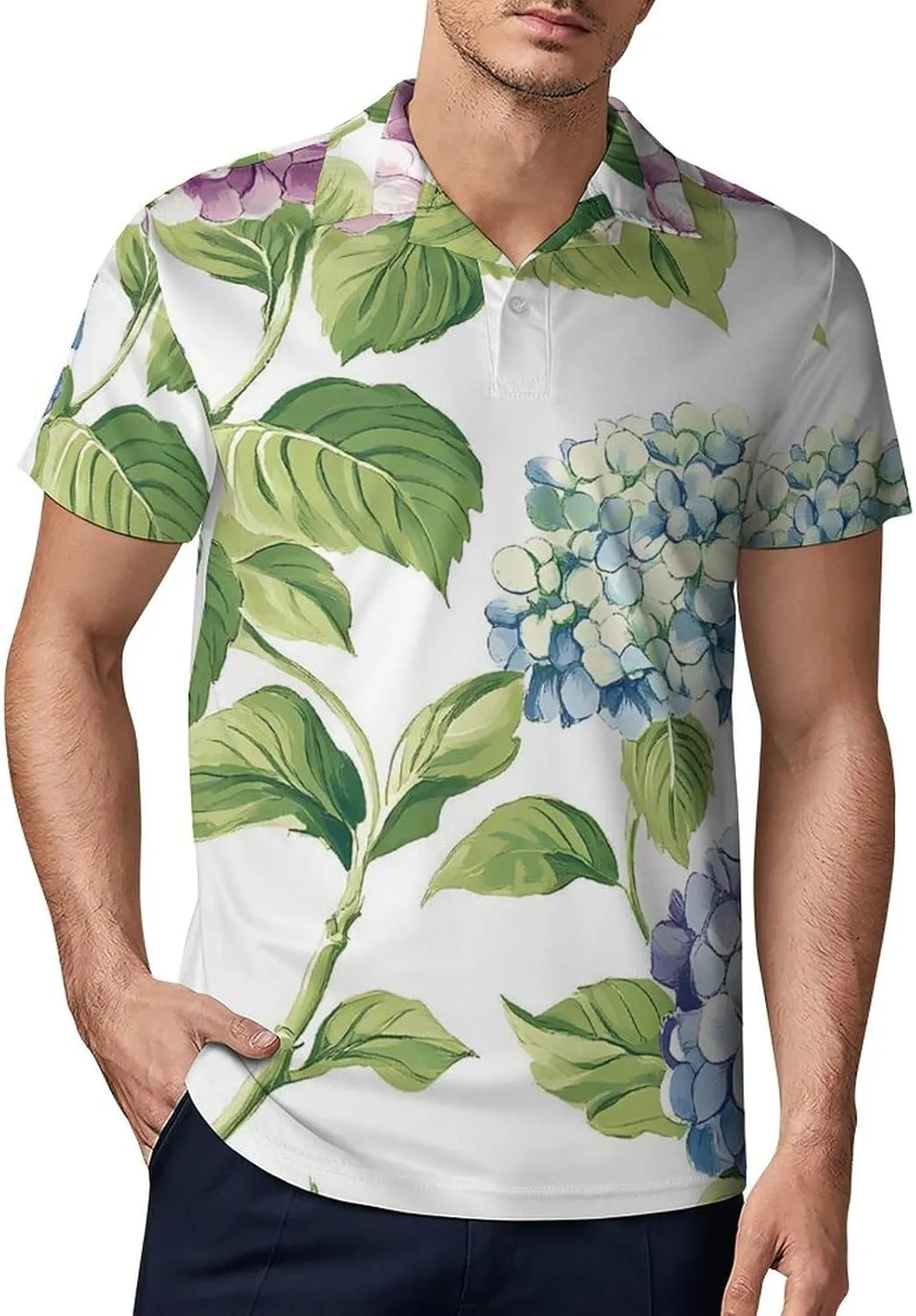 Watercolors Hydrangeas Flowers Men's Polo-Shirt Regular-Fit Short Sleeve Sports Quick Dry Golf Tennis T-Shirt