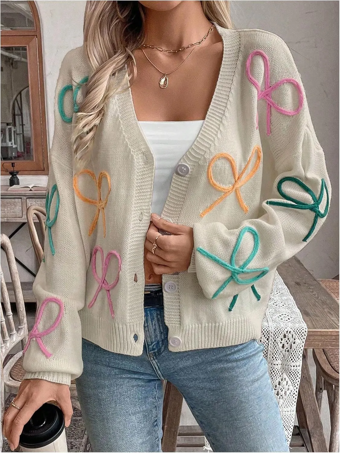 WDIRARA Women's Bow Button Down Cardigan V Neck Long Sleeve Drop Shoulder Knit Sweater