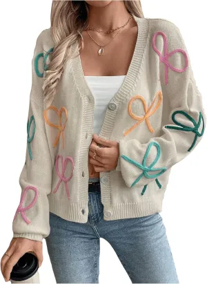 WDIRARA Women's Bow Button Down Cardigan V Neck Long Sleeve Drop Shoulder Knit Sweater