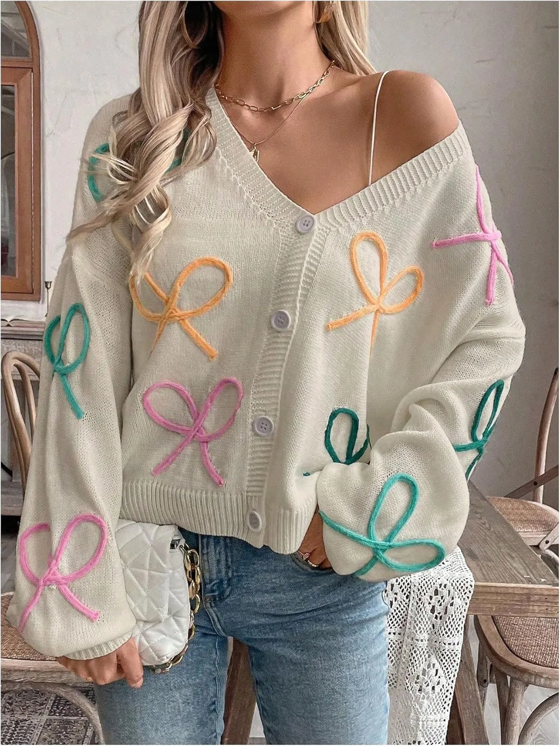 WDIRARA Women's Bow Button Down Cardigan V Neck Long Sleeve Drop Shoulder Knit Sweater