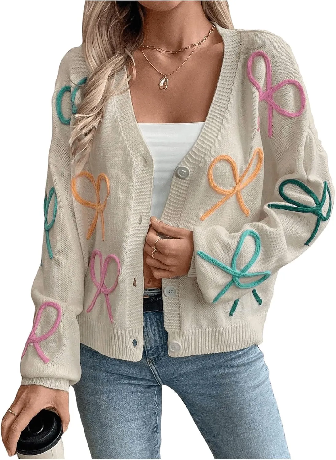 WDIRARA Women's Bow Button Down Cardigan V Neck Long Sleeve Drop Shoulder Knit Sweater