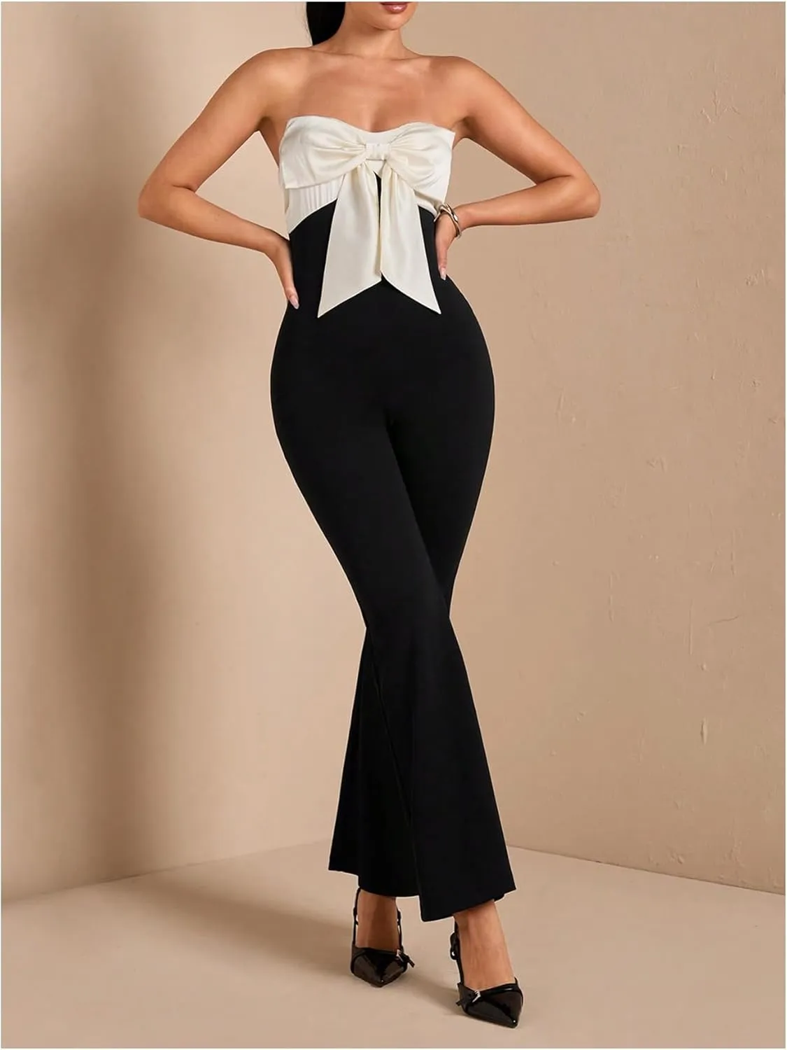 WDIRARA Women's Bow Knot Strapless Sleeveless Flare Jumpsuit Bell Bottom Pants Romper