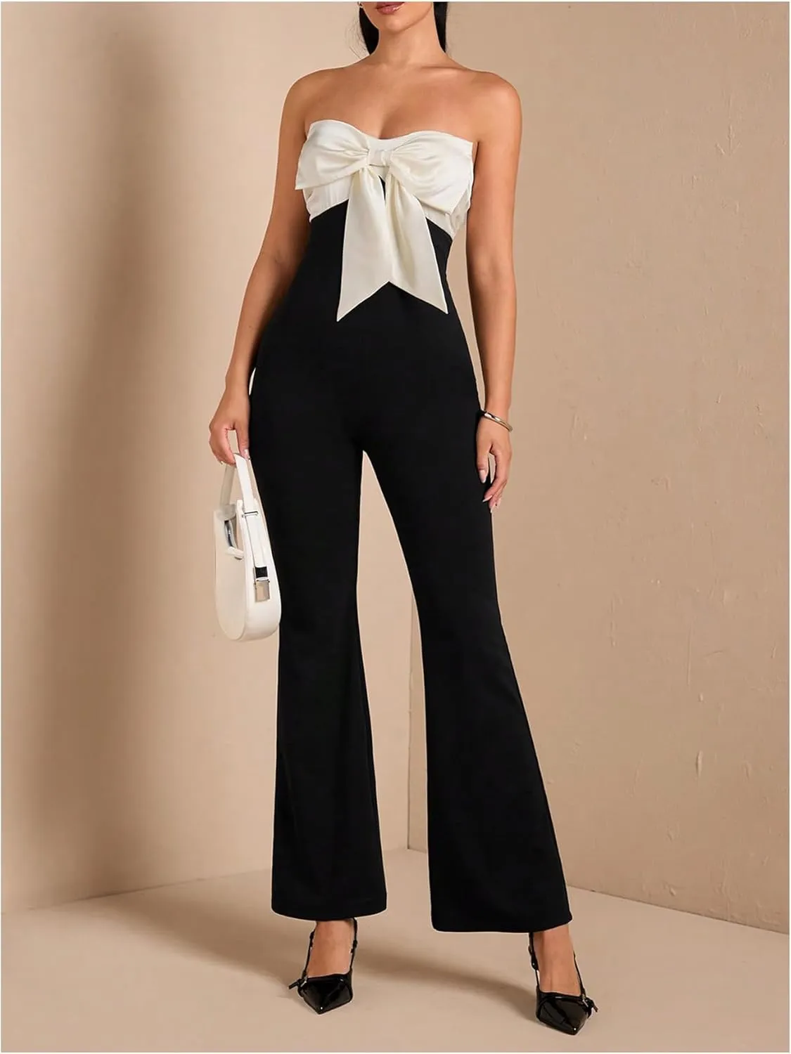 WDIRARA Women's Bow Knot Strapless Sleeveless Flare Jumpsuit Bell Bottom Pants Romper