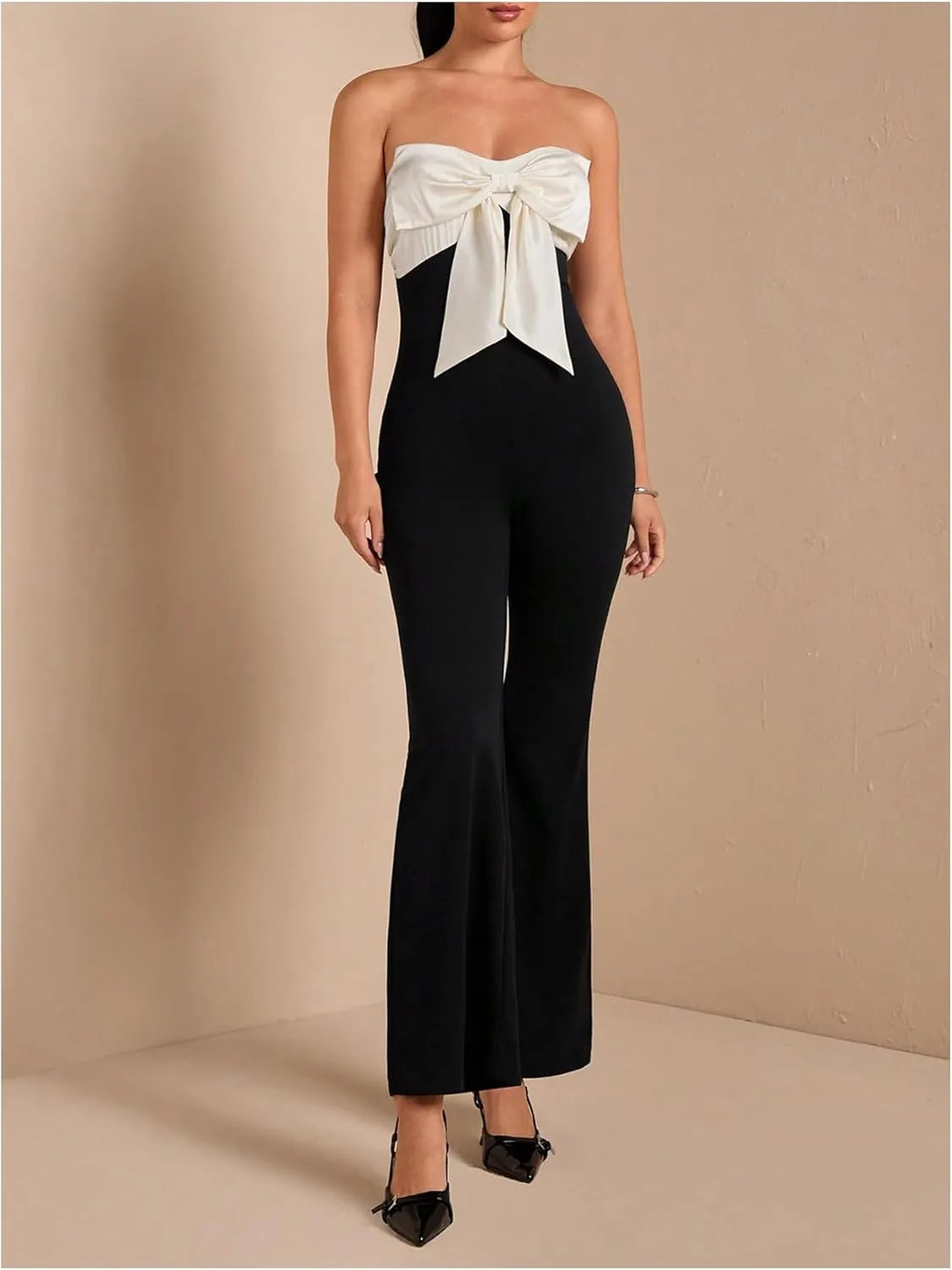 WDIRARA Women's Bow Knot Strapless Sleeveless Flare Jumpsuit Bell Bottom Pants Romper